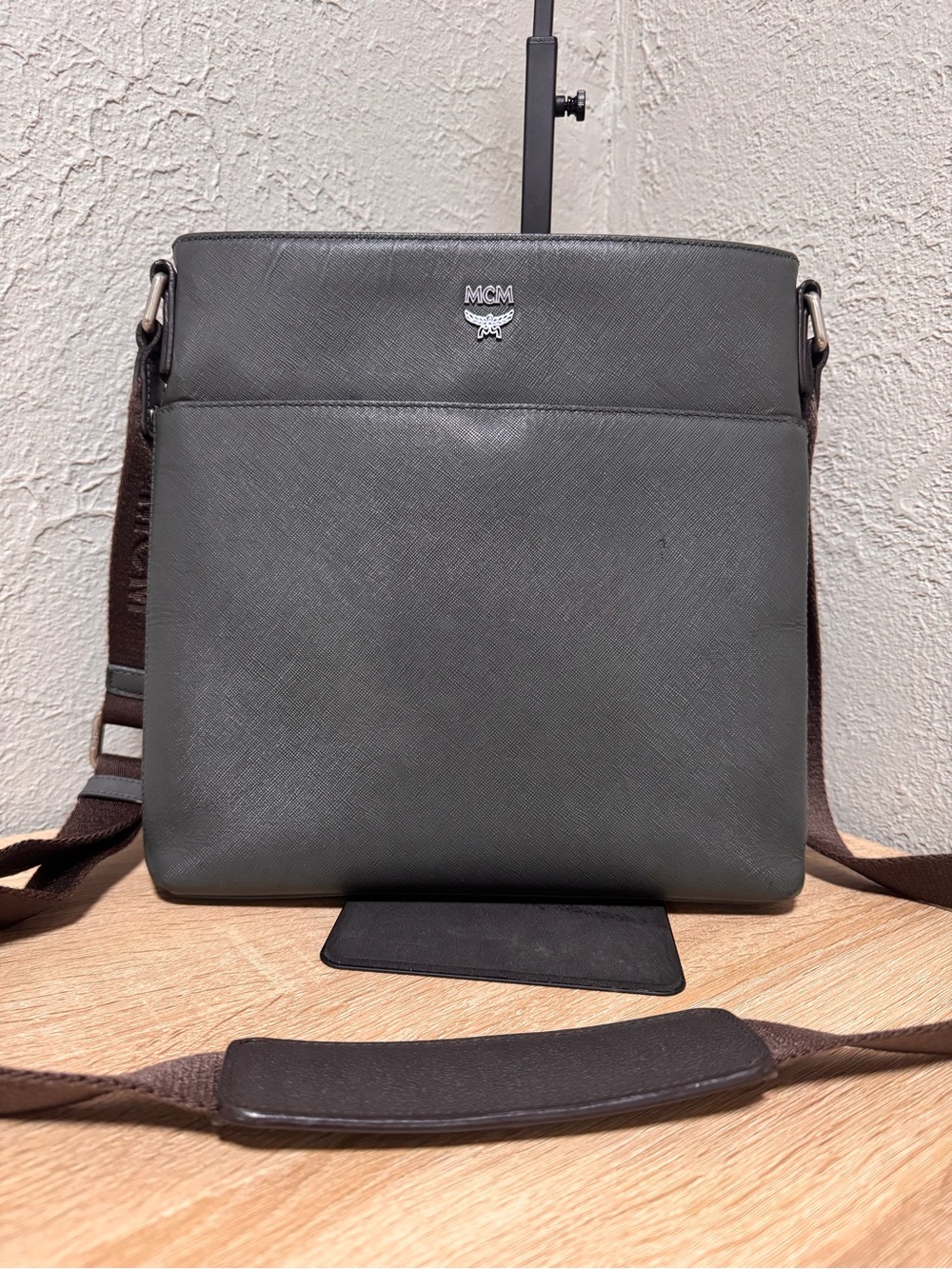 MCM Men's Gray Leather Messenger Bag with Brown Strap